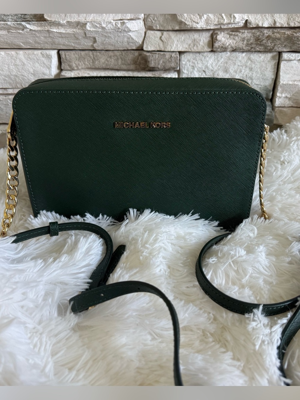 Michael Kors Dark Green Saffiano Crossbody with Gold Hardware